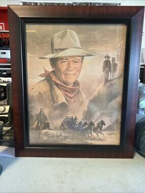 Ron Parker Framed John Wayne Print with Horse Stagecoach Riders VGC